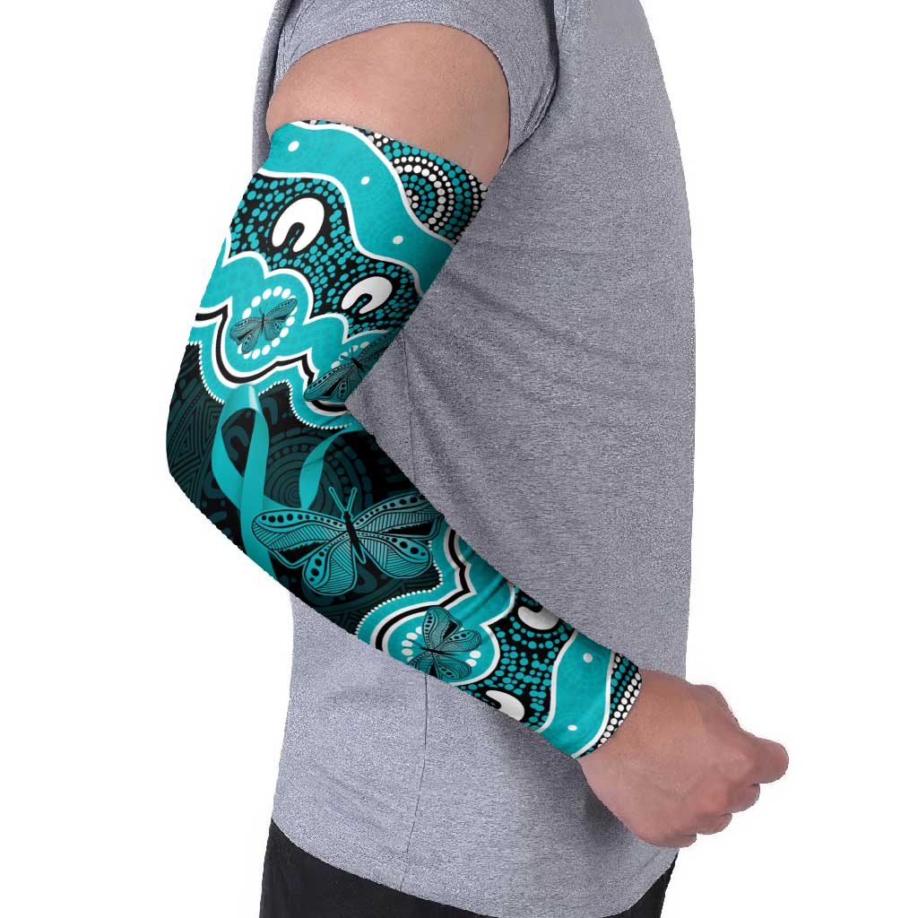 Cyan Ribbon PTSD Awareness Month Arm Sleeves Aboriginal Art - Aussie Hoodie