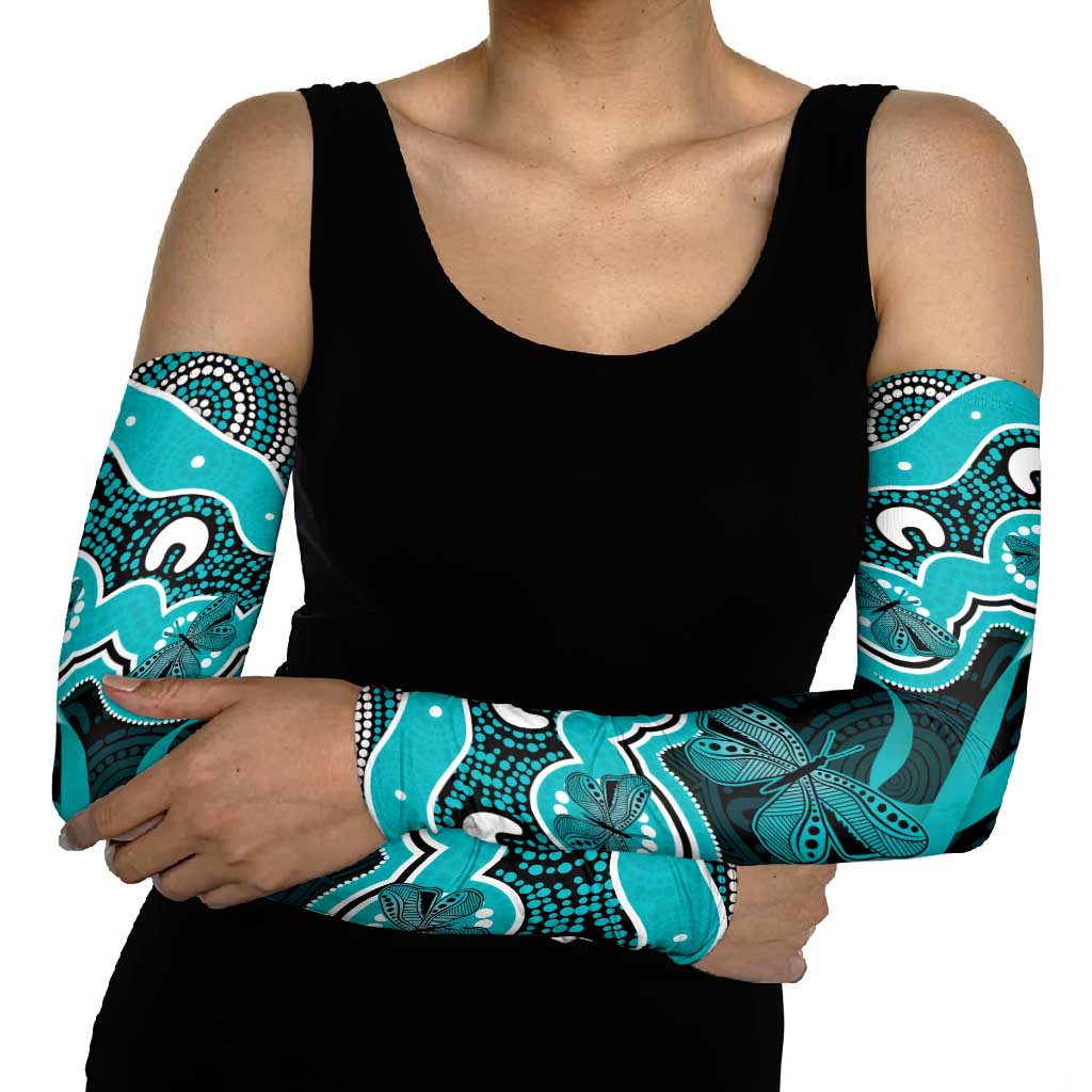 Cyan Ribbon PTSD Awareness Month Arm Sleeves Aboriginal Art - Aussie Hoodie