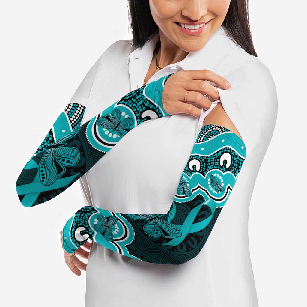Cyan Ribbon PTSD Awareness Month Arm Sleeves Aboriginal Art - Aussie Hoodie