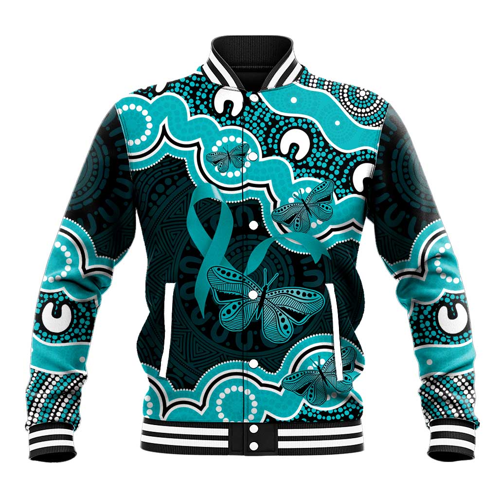 Cyan Ribbon PTSD Awareness Month Baseball Jacket Aboriginal Art - Aussie Hoodie