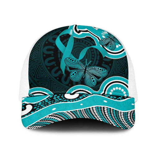 Cyan Ribbon PTSD Awareness Month Baseball Net Cap Aboriginal Art - Aussie Hoodie