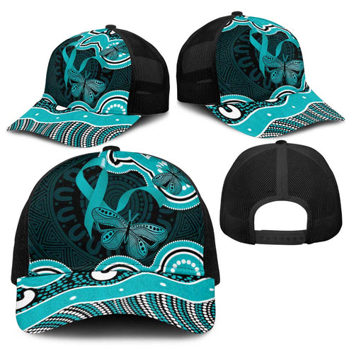 Cyan Ribbon PTSD Awareness Month Baseball Net Cap Aboriginal Art - Aussie Hoodie