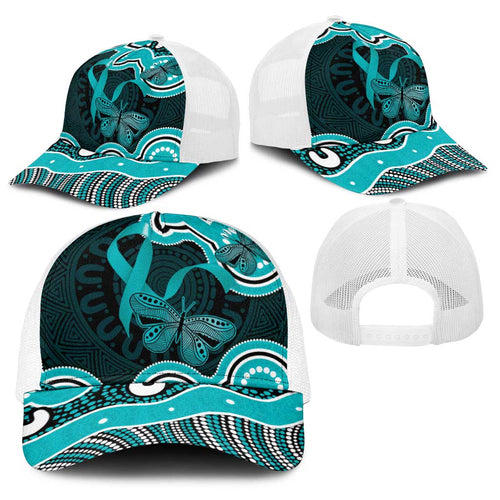 Cyan Ribbon PTSD Awareness Month Baseball Net Cap Aboriginal Art - Aussie Hoodie