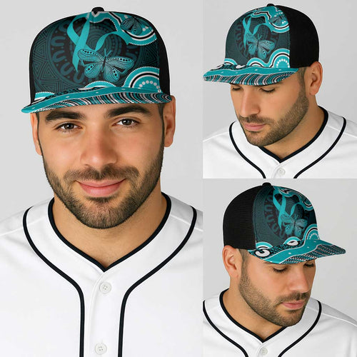 Cyan Ribbon PTSD Awareness Month Baseball Net Cap Aboriginal Art - Aussie Hoodie
