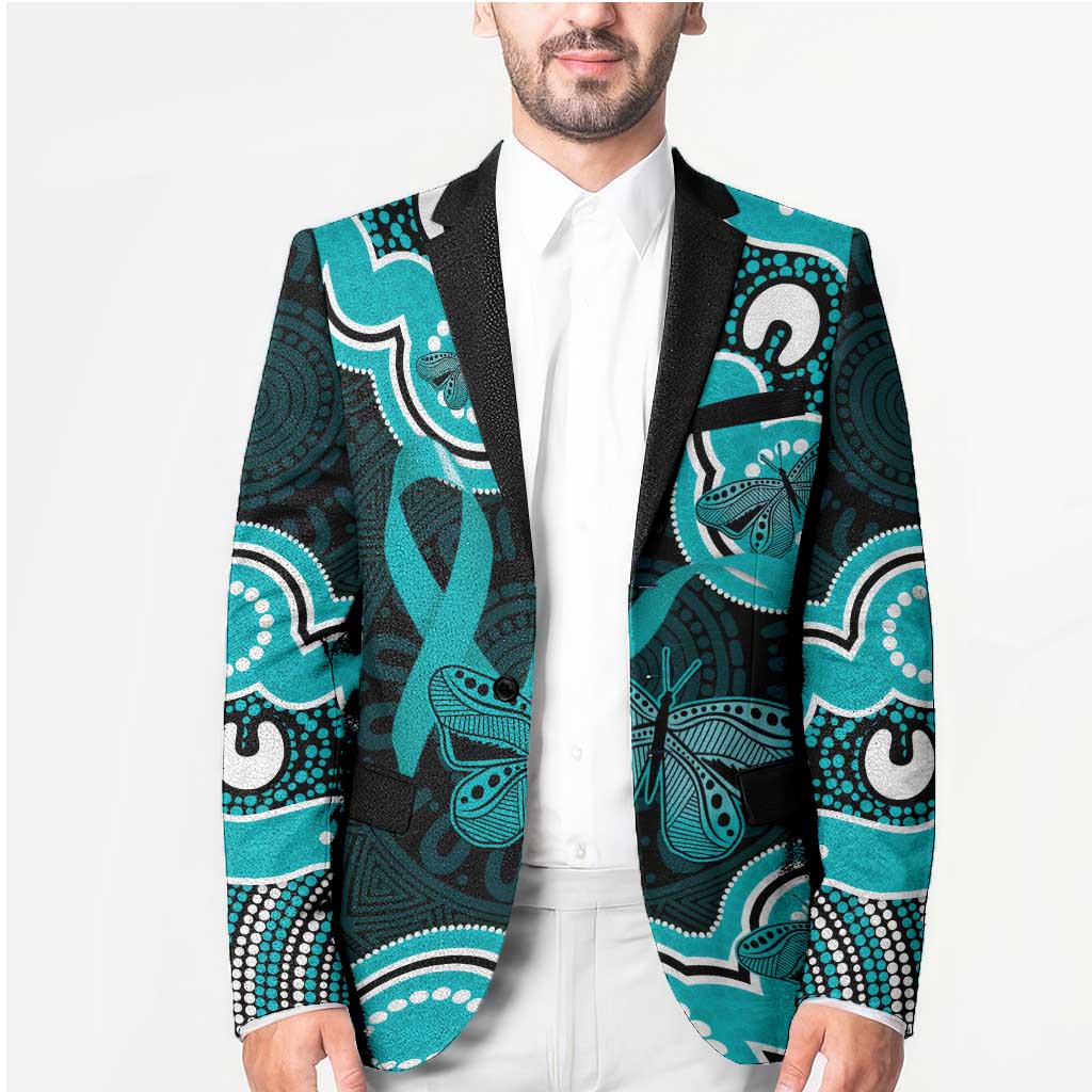Cyan Ribbon PTSD Awareness Month Blazer Aboriginal Art - Aussie Hoodie