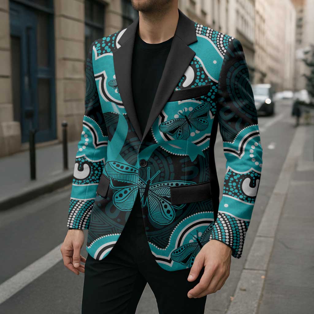 Cyan Ribbon PTSD Awareness Month Blazer Aboriginal Art - Aussie Hoodie