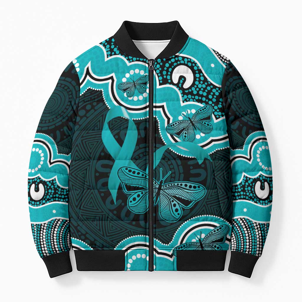 Cyan Ribbon PTSD Awareness Month Bomber Puffer Jacket Aboriginal Art - Aussie Hoodie
