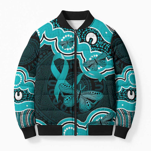 Cyan Ribbon PTSD Awareness Month Bomber Puffer Jacket Aboriginal Art - Aussie Hoodie