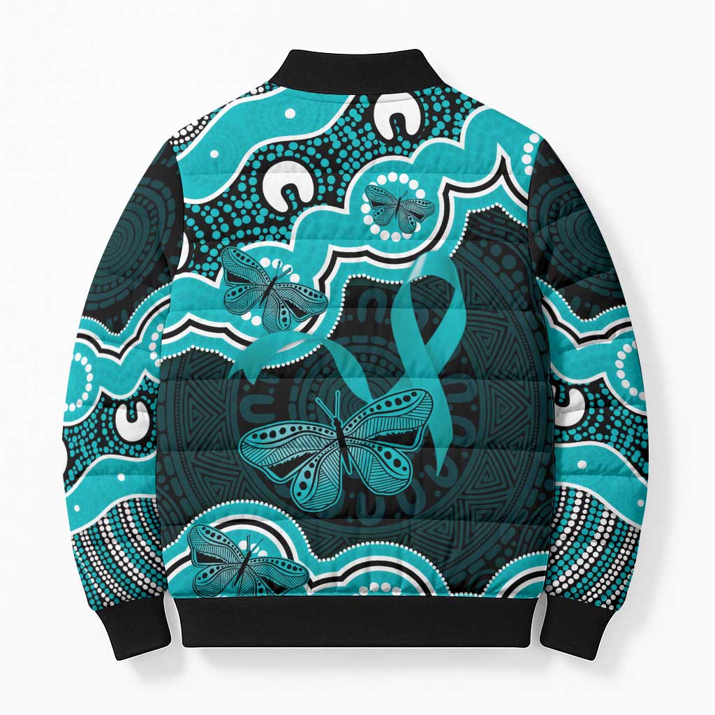 Cyan Ribbon PTSD Awareness Month Bomber Puffer Jacket Aboriginal Art - Aussie Hoodie