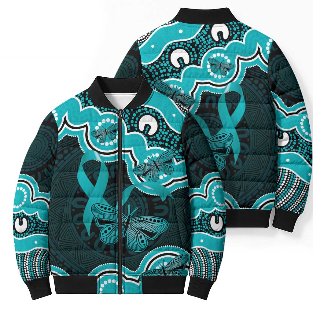 Cyan Ribbon PTSD Awareness Month Bomber Puffer Jacket Aboriginal Art - Aussie Hoodie