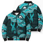 Cyan Ribbon PTSD Awareness Month Bomber Puffer Jacket Aboriginal Art - Aussie Hoodie