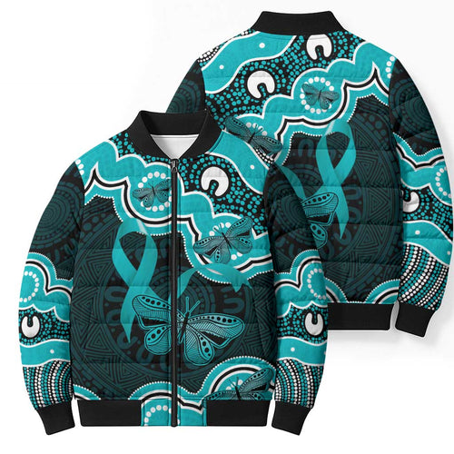Cyan Ribbon PTSD Awareness Month Bomber Puffer Jacket Aboriginal Art - Aussie Hoodie