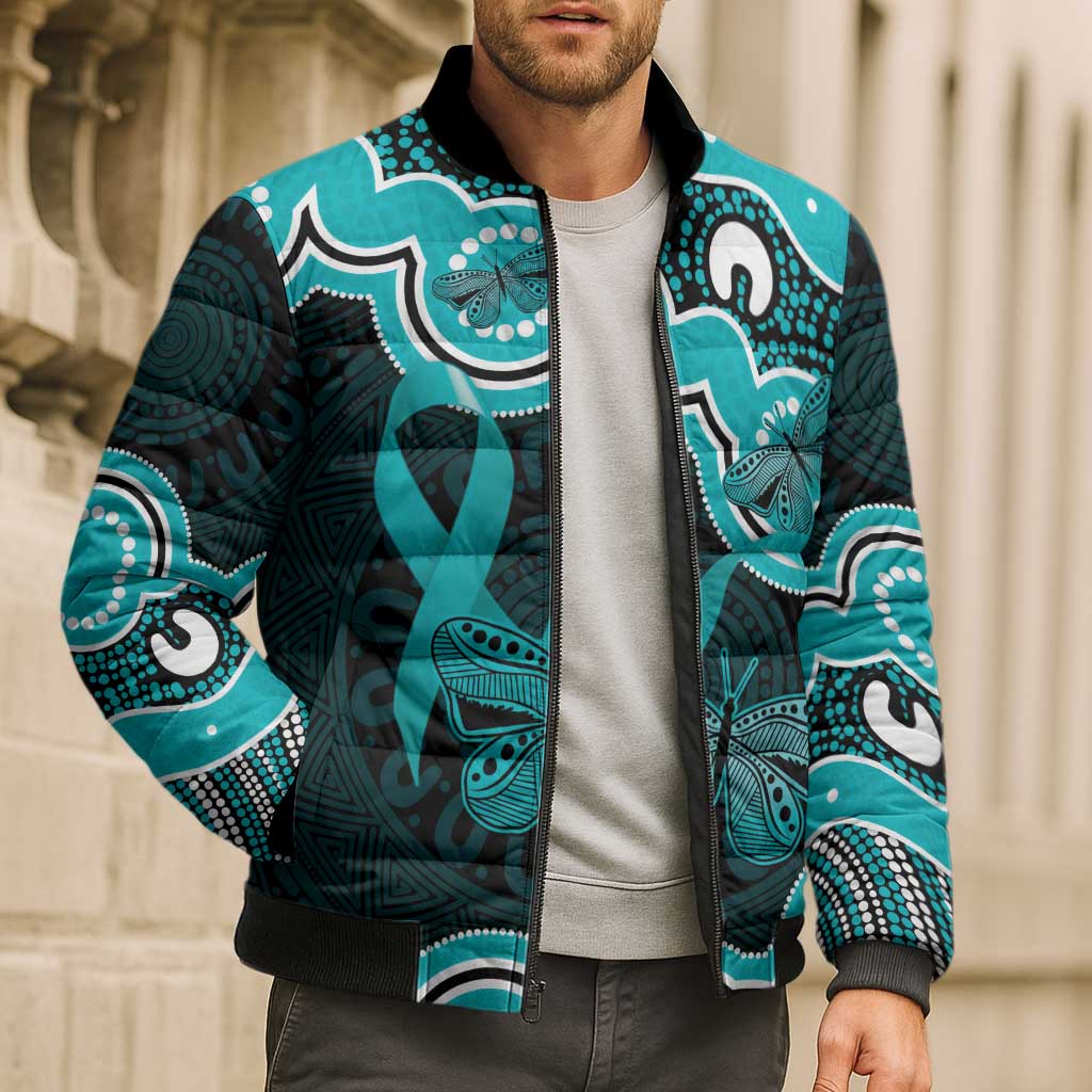 Cyan Ribbon PTSD Awareness Month Bomber Puffer Jacket Aboriginal Art - Aussie Hoodie