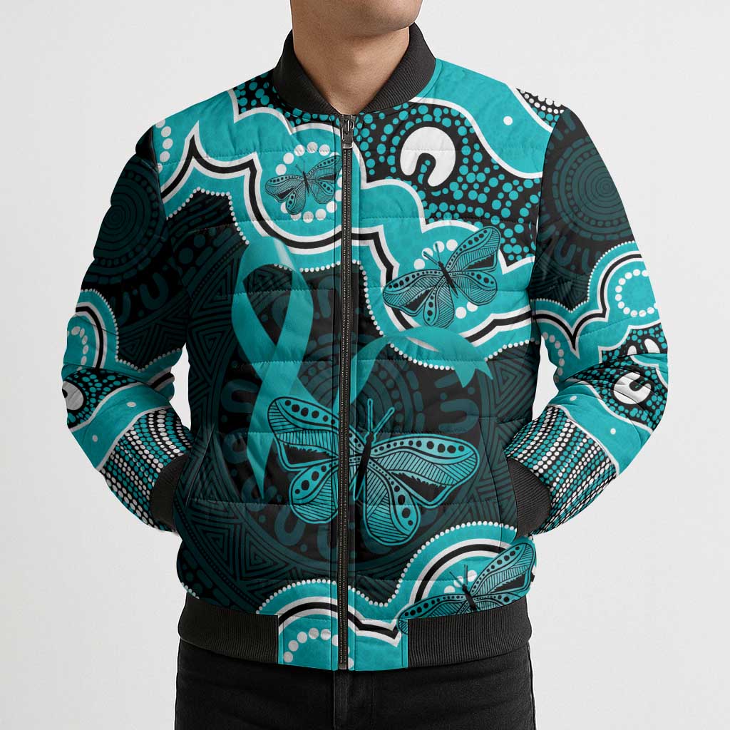 Cyan Ribbon PTSD Awareness Month Bomber Puffer Jacket Aboriginal Art - Aussie Hoodie