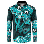Cyan Ribbon PTSD Awareness Month Button Sweatshirt Aboriginal Art - Aussie Hoodie
