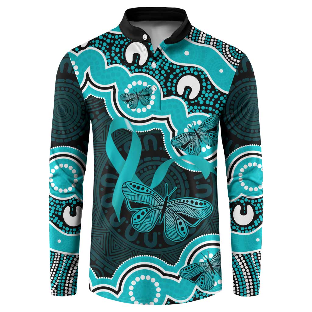 Cyan Ribbon PTSD Awareness Month Button Sweatshirt Aboriginal Art - Aussie Hoodie
