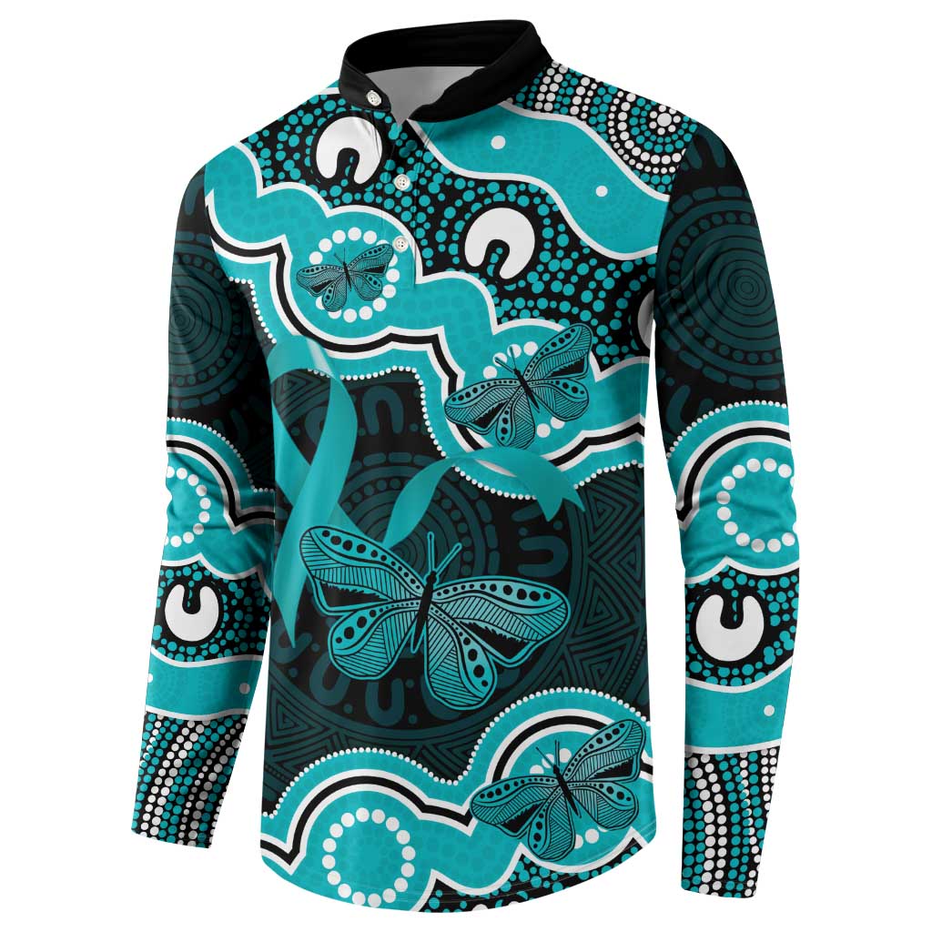 Cyan Ribbon PTSD Awareness Month Button Sweatshirt Aboriginal Art - Aussie Hoodie