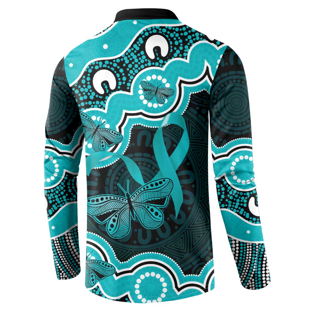 Cyan Ribbon PTSD Awareness Month Button Sweatshirt Aboriginal Art - Aussie Hoodie