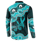 Cyan Ribbon PTSD Awareness Month Button Sweatshirt Aboriginal Art - Aussie Hoodie