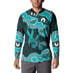Cyan Ribbon PTSD Awareness Month Button Sweatshirt Aboriginal Art - Aussie Hoodie