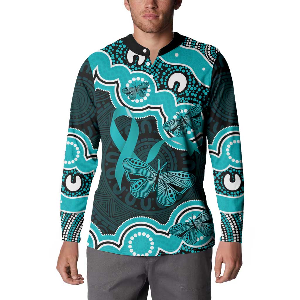 Cyan Ribbon PTSD Awareness Month Button Sweatshirt Aboriginal Art - Aussie Hoodie