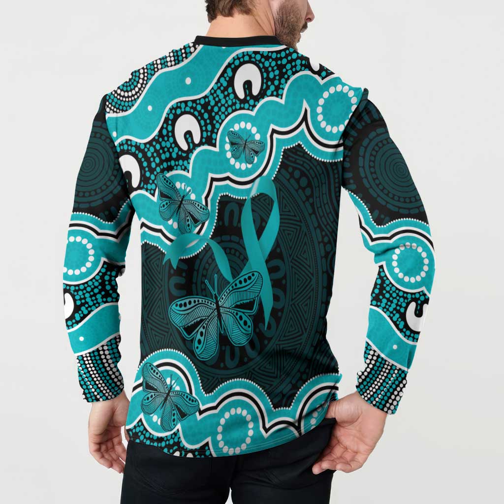 Cyan Ribbon PTSD Awareness Month Button Sweatshirt Aboriginal Art - Aussie Hoodie