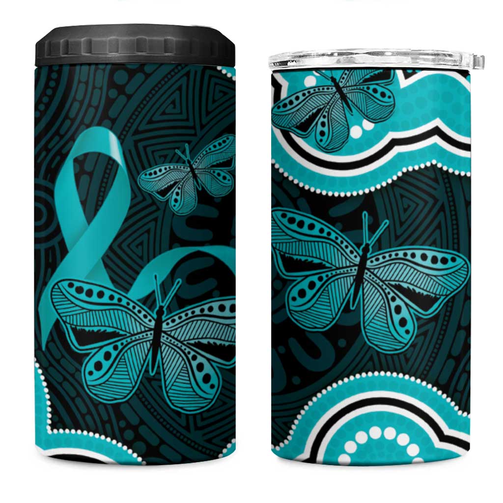 Cyan Ribbon PTSD Awareness Month 4 in 1 Can Cooler Tumbler Aboriginal Art - Aussie Hoodie