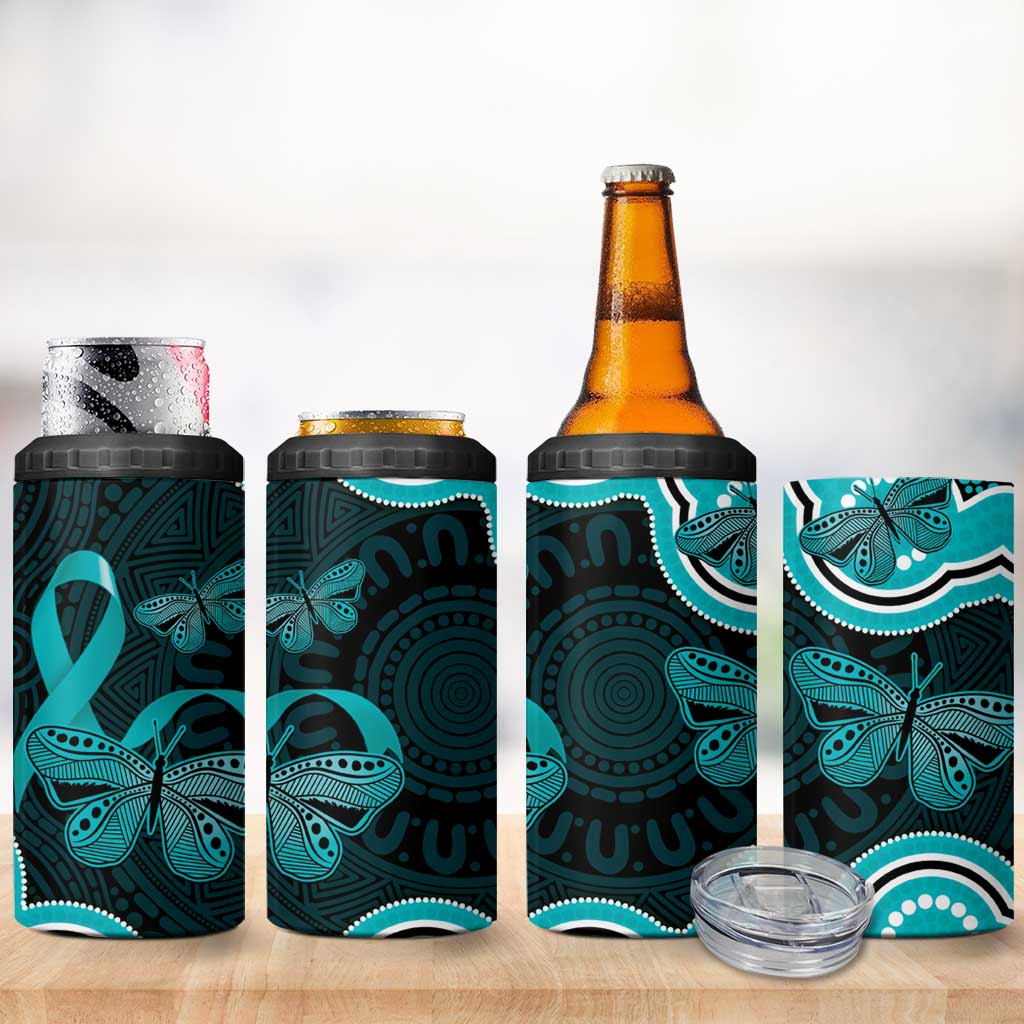 Cyan Ribbon PTSD Awareness Month 4 in 1 Can Cooler Tumbler Aboriginal Art - Aussie Hoodie