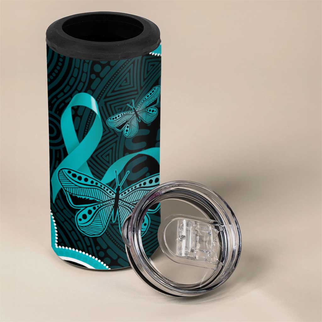 Cyan Ribbon PTSD Awareness Month 4 in 1 Can Cooler Tumbler Aboriginal Art - Aussie Hoodie
