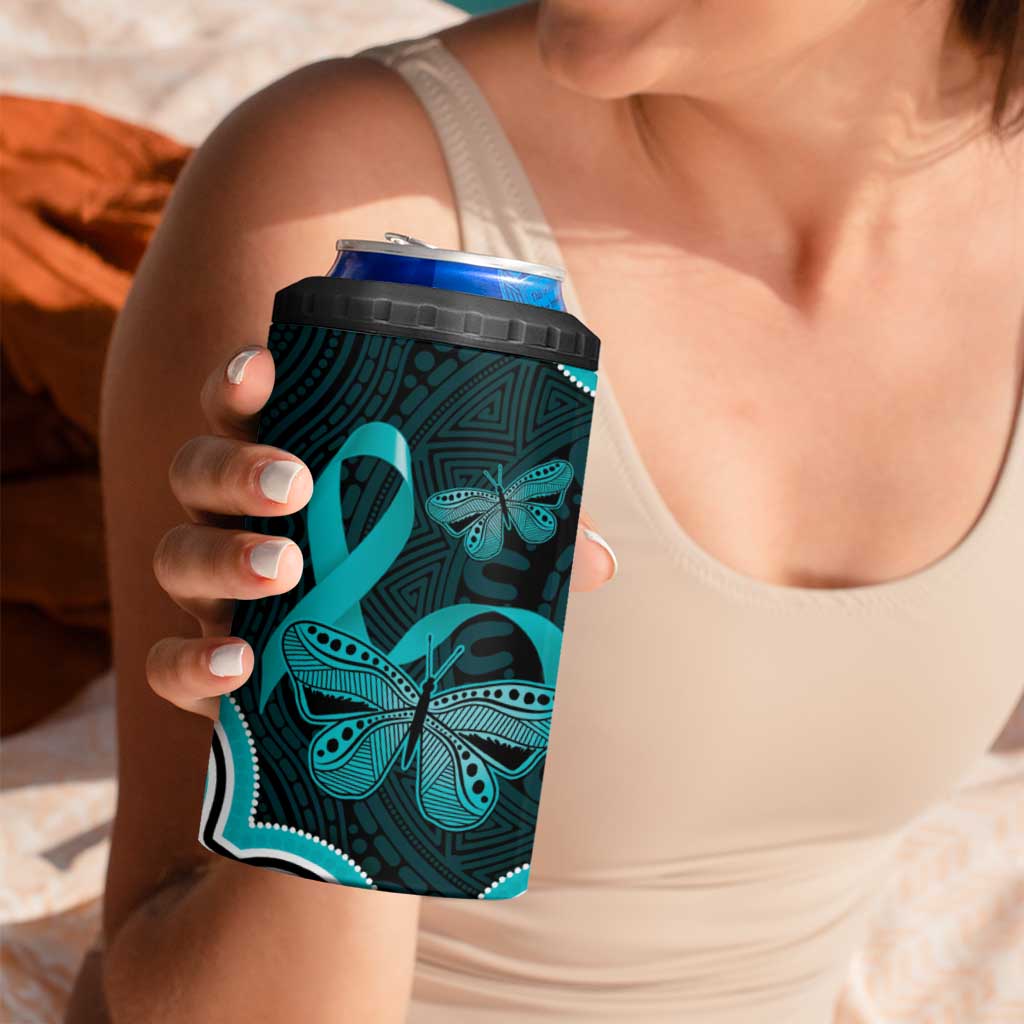 Cyan Ribbon PTSD Awareness Month 4 in 1 Can Cooler Tumbler Aboriginal Art - Aussie Hoodie
