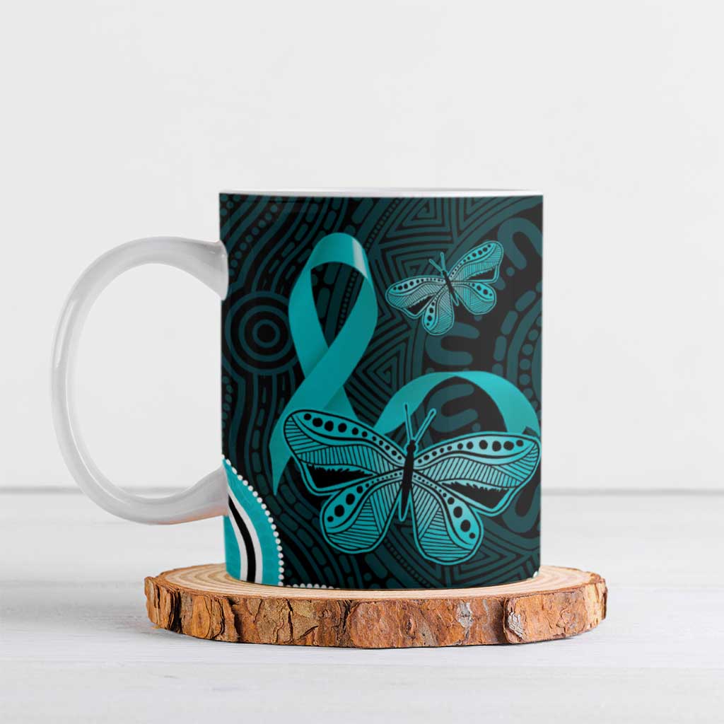 Cyan Ribbon PTSD Awareness Month Ceramic Mug Aboriginal Art - Aussie Hoodie