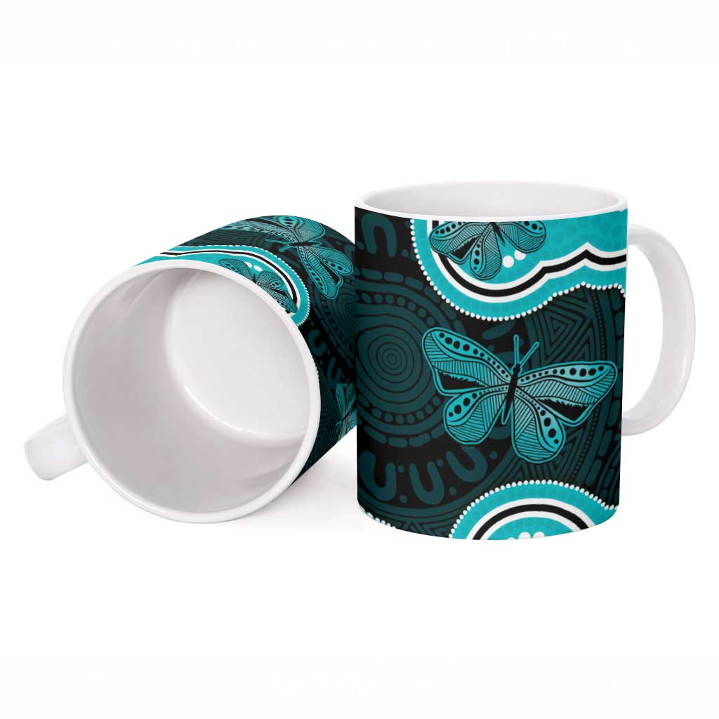 Cyan Ribbon PTSD Awareness Month Ceramic Mug Aboriginal Art - Aussie Hoodie
