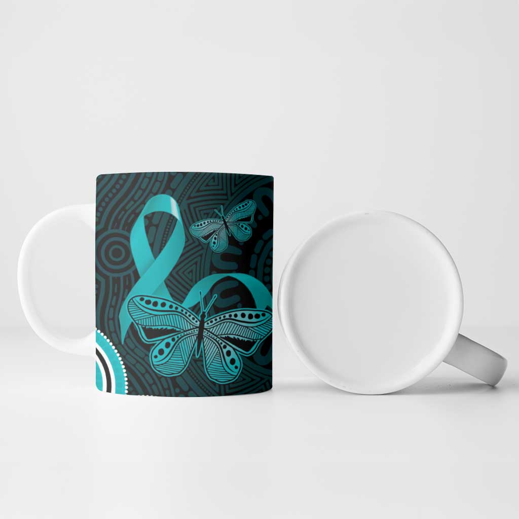 Cyan Ribbon PTSD Awareness Month Ceramic Mug Aboriginal Art - Aussie Hoodie