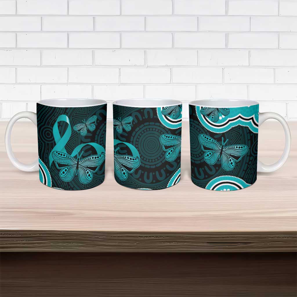 Cyan Ribbon PTSD Awareness Month Ceramic Mug Aboriginal Art - Aussie Hoodie