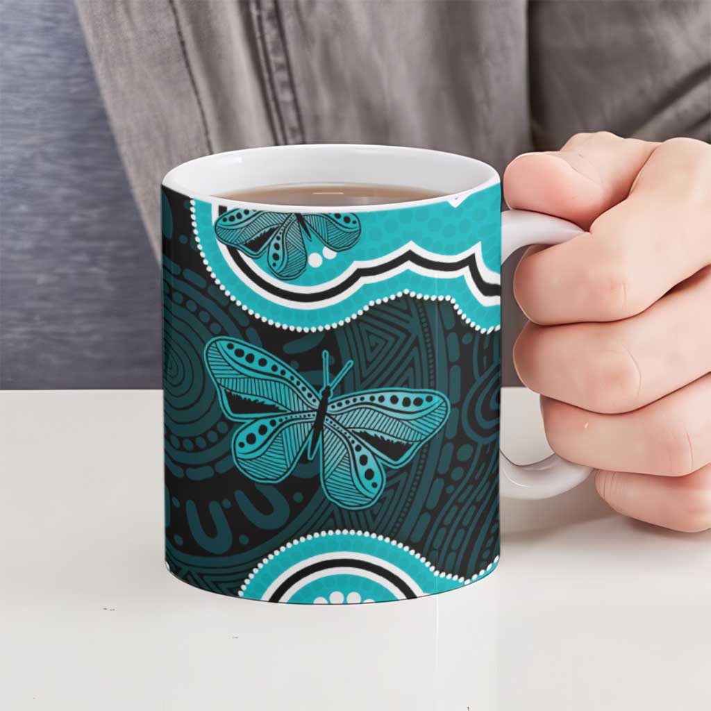 Cyan Ribbon PTSD Awareness Month Ceramic Mug Aboriginal Art - Aussie Hoodie