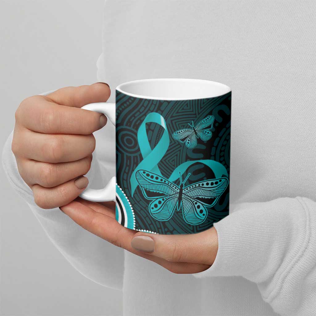 Cyan Ribbon PTSD Awareness Month Ceramic Mug Aboriginal Art - Aussie Hoodie