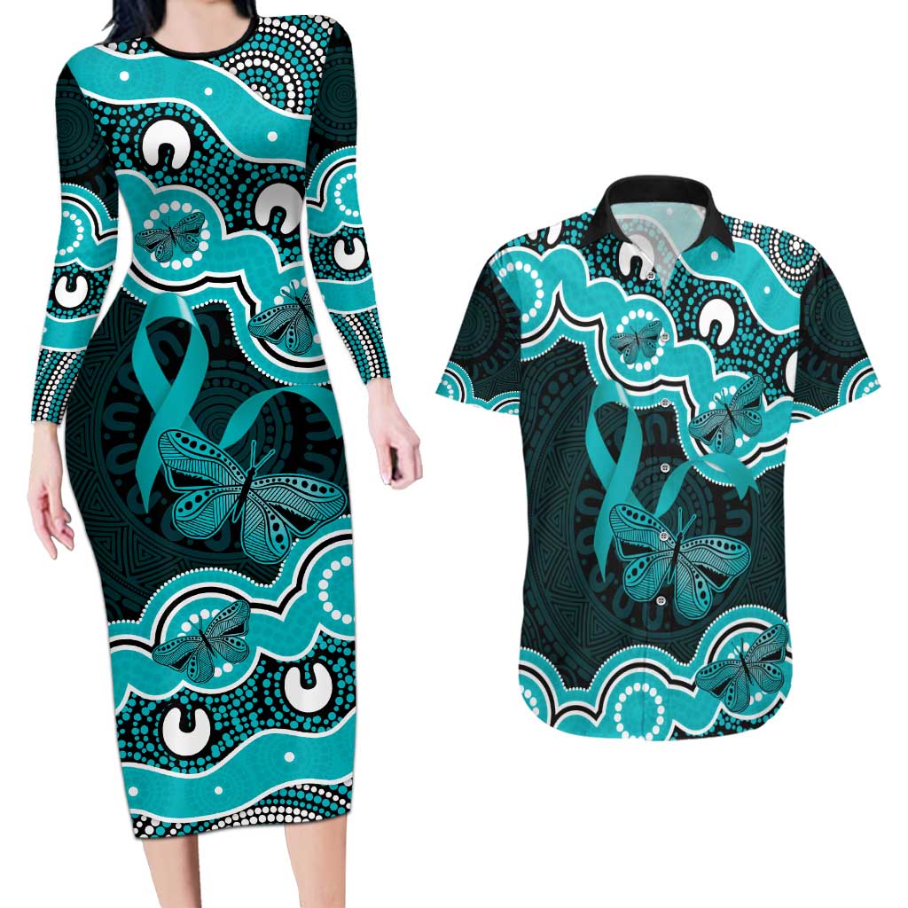 Cyan Ribbon PTSD Awareness Month Couples Matching Long Sleeve Bodycon Dress and Hawaiian Shirt Aboriginal Art - Aussie Hoodie