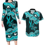 Cyan Ribbon PTSD Awareness Month Couples Matching Long Sleeve Bodycon Dress and Hawaiian Shirt Aboriginal Art - Aussie Hoodie