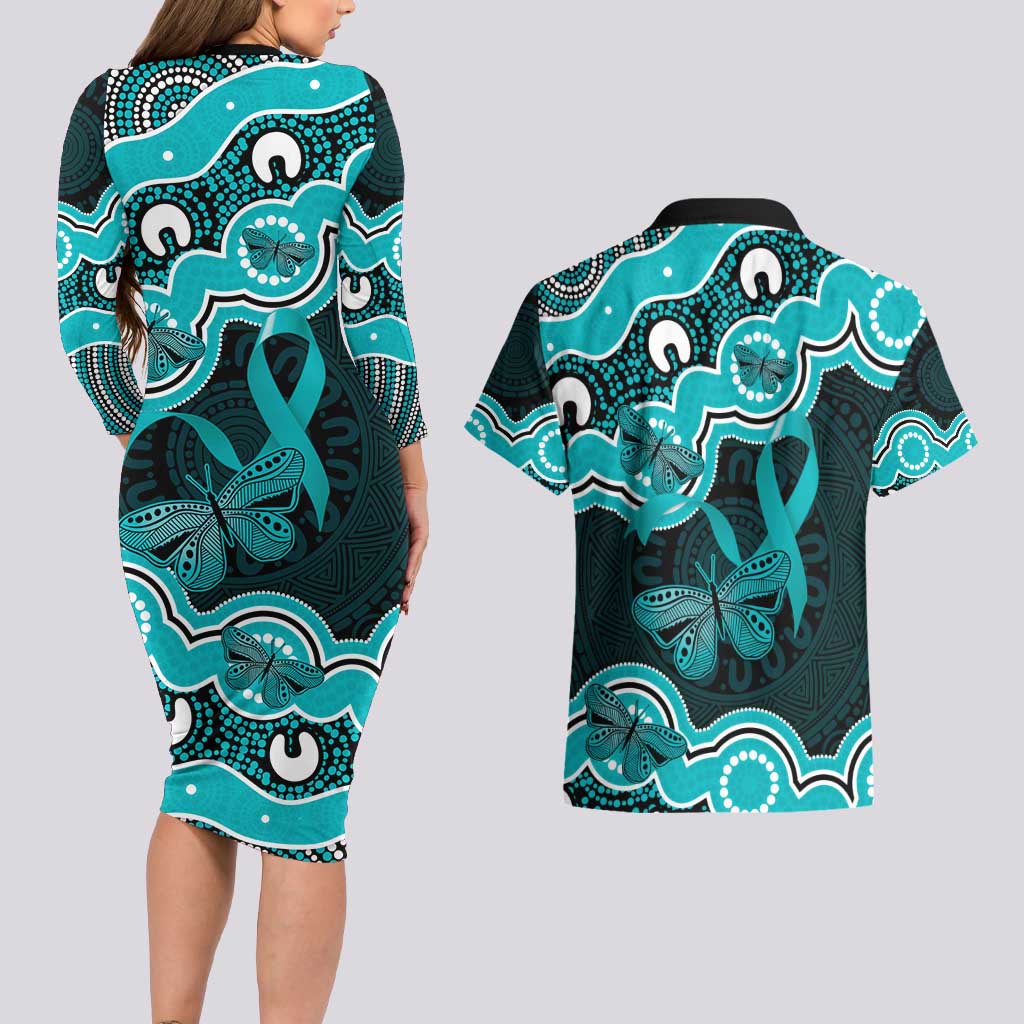 Cyan Ribbon PTSD Awareness Month Couples Matching Long Sleeve Bodycon Dress and Hawaiian Shirt Aboriginal Art - Aussie Hoodie