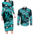 Cyan Ribbon PTSD Awareness Month Couples Matching Long Sleeve Bodycon Dress and Long Sleeve Button Shirt Aboriginal Art - Aussie Hoodie
