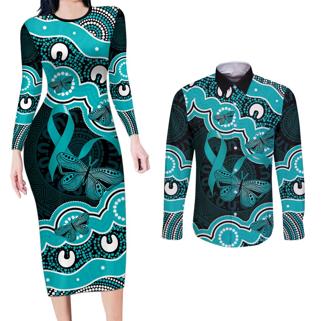 Cyan Ribbon PTSD Awareness Month Couples Matching Long Sleeve Bodycon Dress and Long Sleeve Button Shirt Aboriginal Art - Aussie Hoodie
