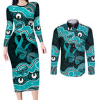 Cyan Ribbon PTSD Awareness Month Couples Matching Long Sleeve Bodycon Dress and Long Sleeve Button Shirt Aboriginal Art - Aussie Hoodie