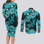Cyan Ribbon PTSD Awareness Month Couples Matching Long Sleeve Bodycon Dress and Long Sleeve Button Shirt Aboriginal Art - Aussie Hoodie