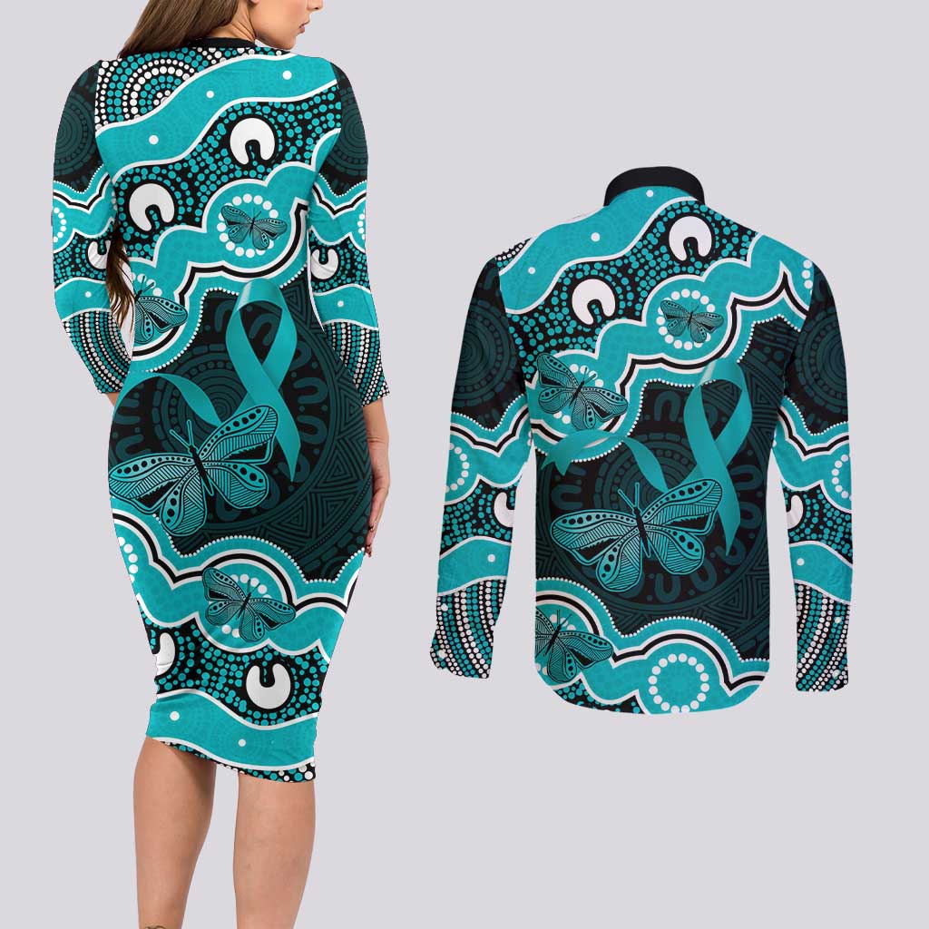 Cyan Ribbon PTSD Awareness Month Couples Matching Long Sleeve Bodycon Dress and Long Sleeve Button Shirt Aboriginal Art - Aussie Hoodie