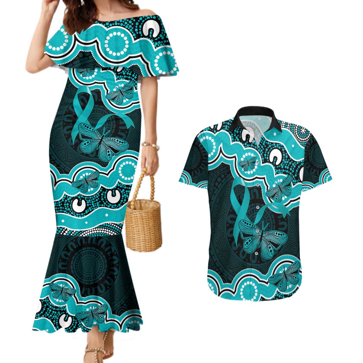 Cyan Ribbon PTSD Awareness Month Couples Matching Mermaid Dress and Hawaiian Shirt Aboriginal Art - Aussie Hoodie