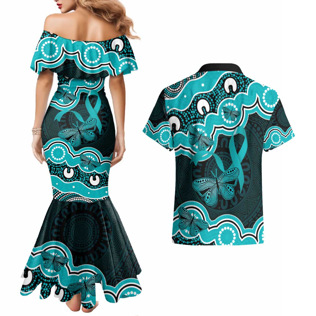 Cyan Ribbon PTSD Awareness Month Couples Matching Mermaid Dress and Hawaiian Shirt Aboriginal Art - Aussie Hoodie