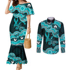 Cyan Ribbon PTSD Awareness Month Couples Matching Mermaid Dress and Long Sleeve Button Shirt Aboriginal Art - Aussie Hoodie