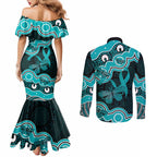 Cyan Ribbon PTSD Awareness Month Couples Matching Mermaid Dress and Long Sleeve Button Shirt Aboriginal Art - Aussie Hoodie