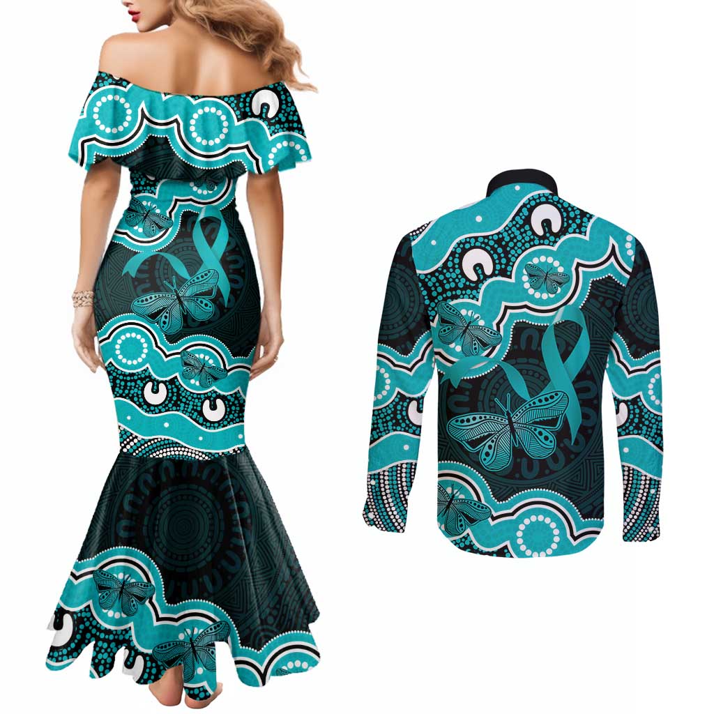 Cyan Ribbon PTSD Awareness Month Couples Matching Mermaid Dress and Long Sleeve Button Shirt Aboriginal Art - Aussie Hoodie