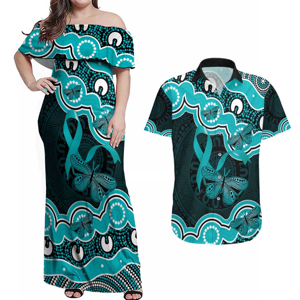 Cyan Ribbon PTSD Awareness Month Couples Matching Off Shoulder Maxi Dress and Hawaiian Shirt Aboriginal Art - Aussie Hoodie